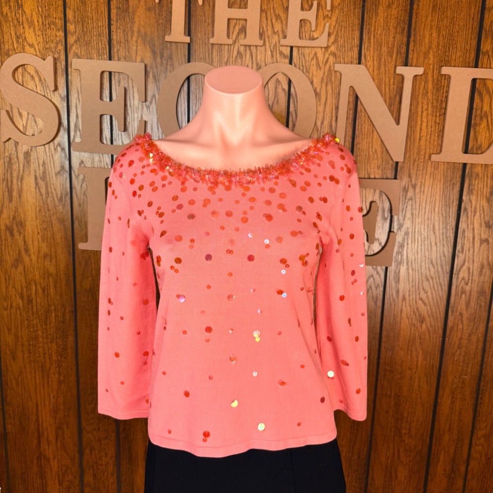 Talbots Pink Y2K Sequin Sweater Womens Petite P Coral Retro Silk Blend Indie